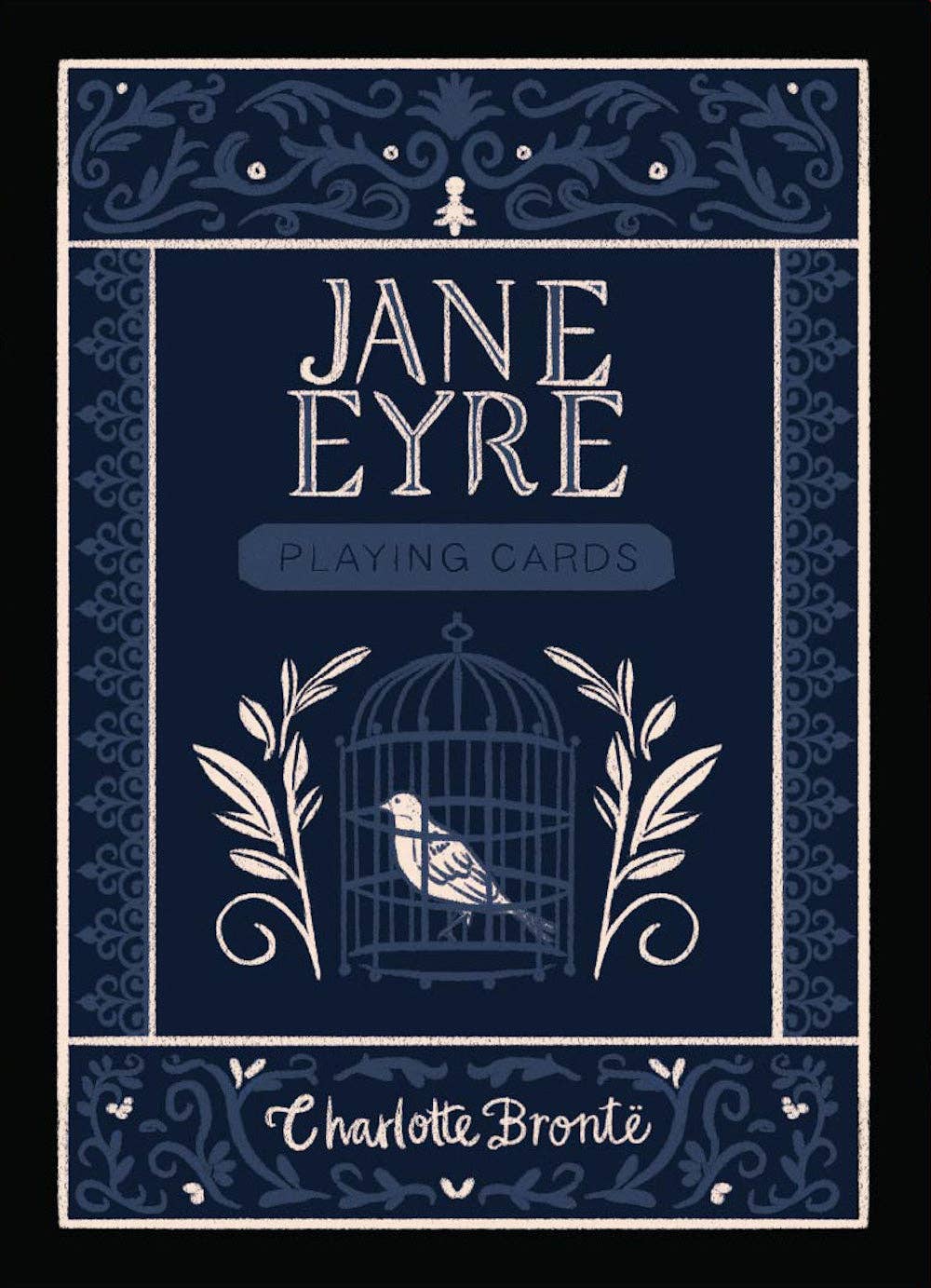 Jane Eyre deck box: navy, with a small circular illustration and Charlotte Brontë's name.