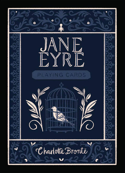 Jane Eyre deck box: navy, with a small circular illustration and Charlotte Brontë's name.