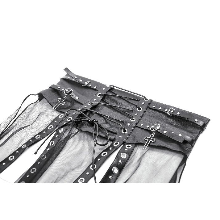 Dark in Love Gothic Sheer Mesh Maxi Skirt with PU Waist Corset