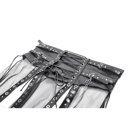 Dark in Love Gothic Sheer Mesh Maxi Skirt with PU Waist Corset