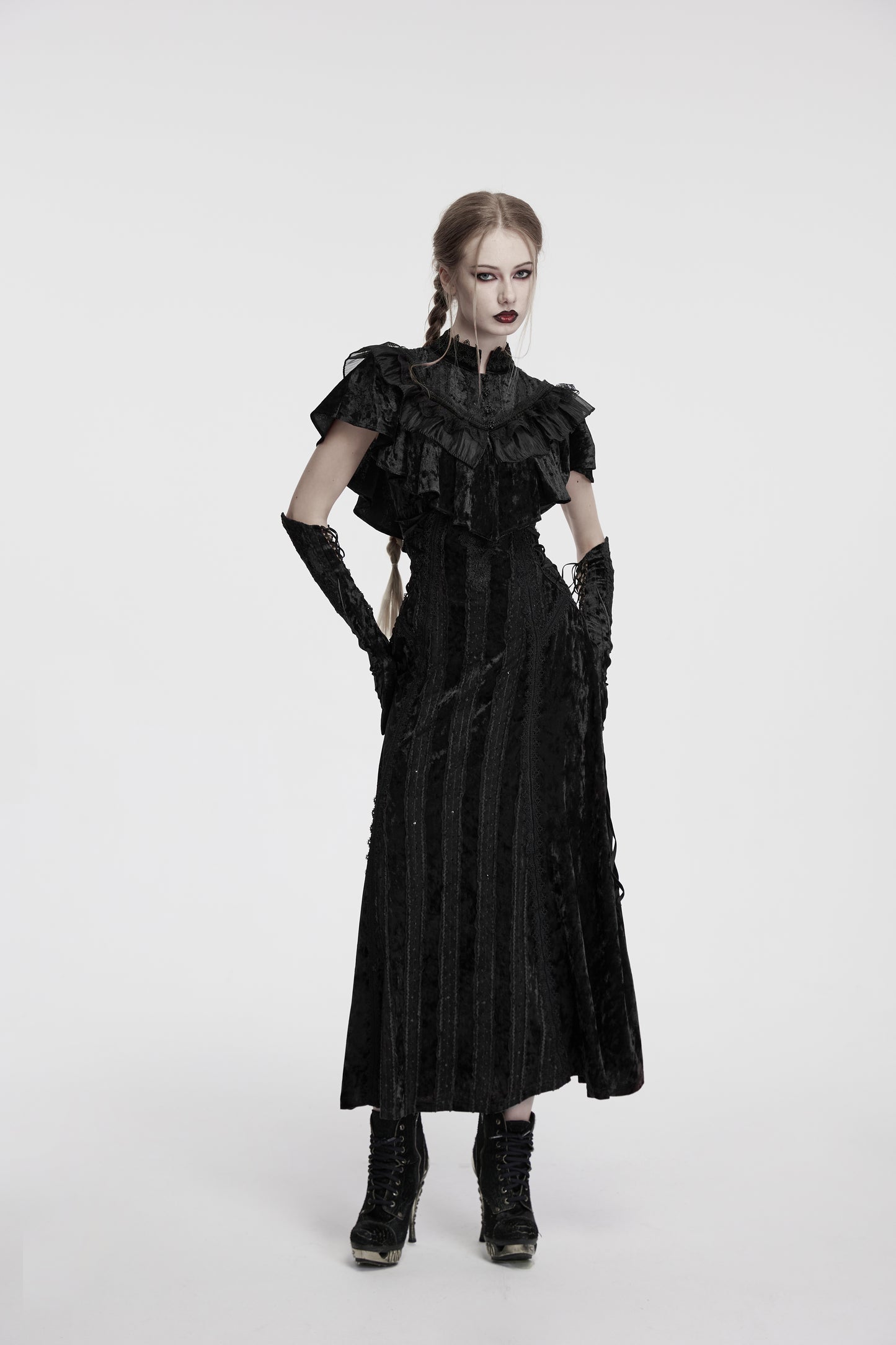 Punk Rave Morrigan Embroidered Velvet Goth Slip Dress In Black