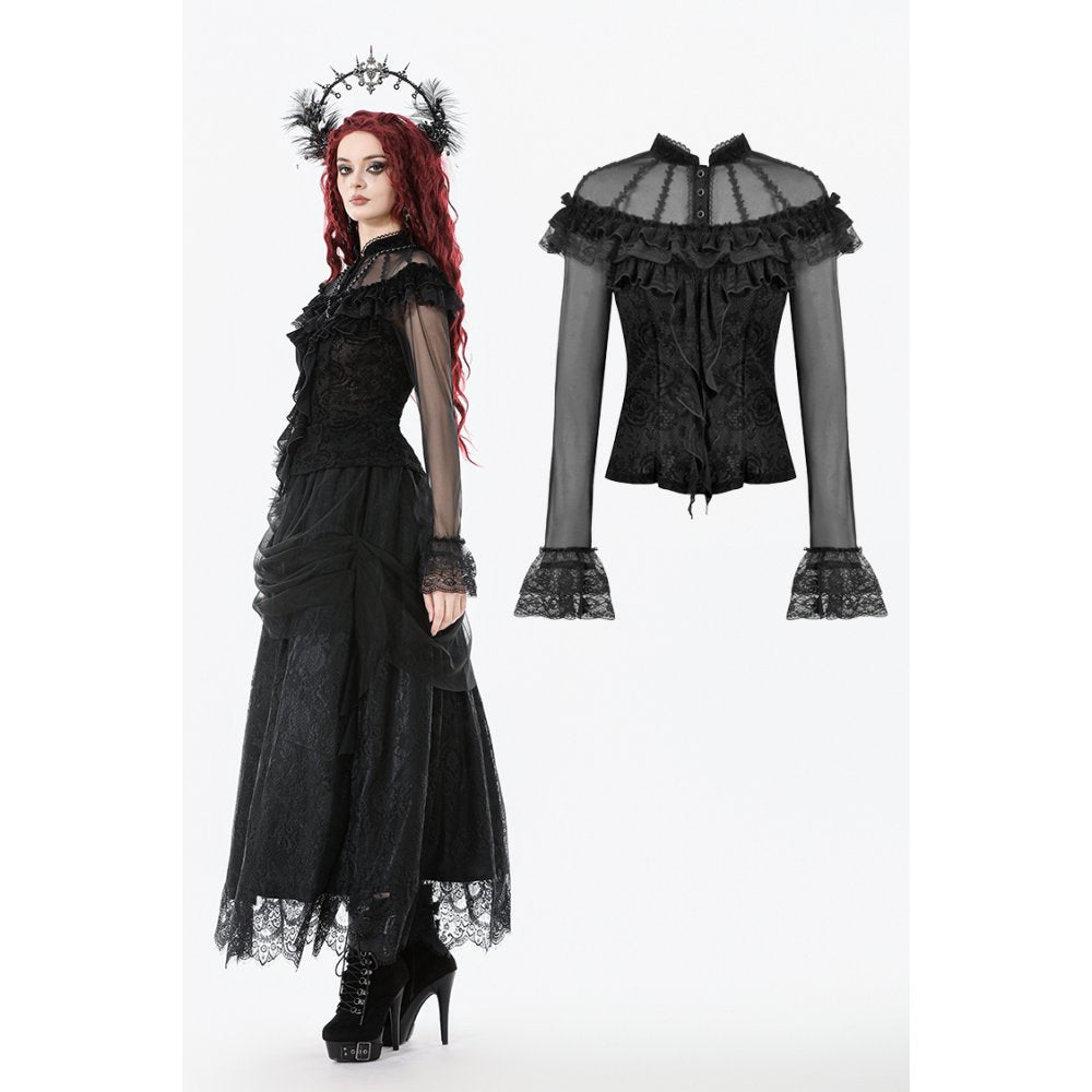 Model wearing gothic ruffled blouse with sheer sleeves
