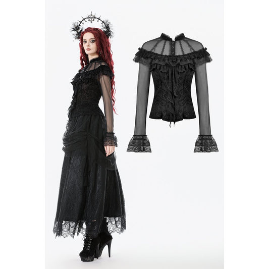 Model wearing gothic ruffled blouse with sheer sleeves