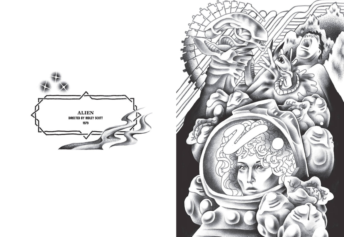 Inside spread with a small title label on the left page and a detailed black-and-white illustration on the right, ready to colour.