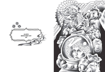 Inside spread with a small title label on the left page and a detailed black-and-white illustration on the right, ready to colour.