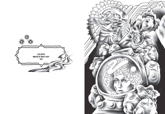 Inside spread with a small title label on the left page and a detailed black-and-white illustration on the right, ready to colour.