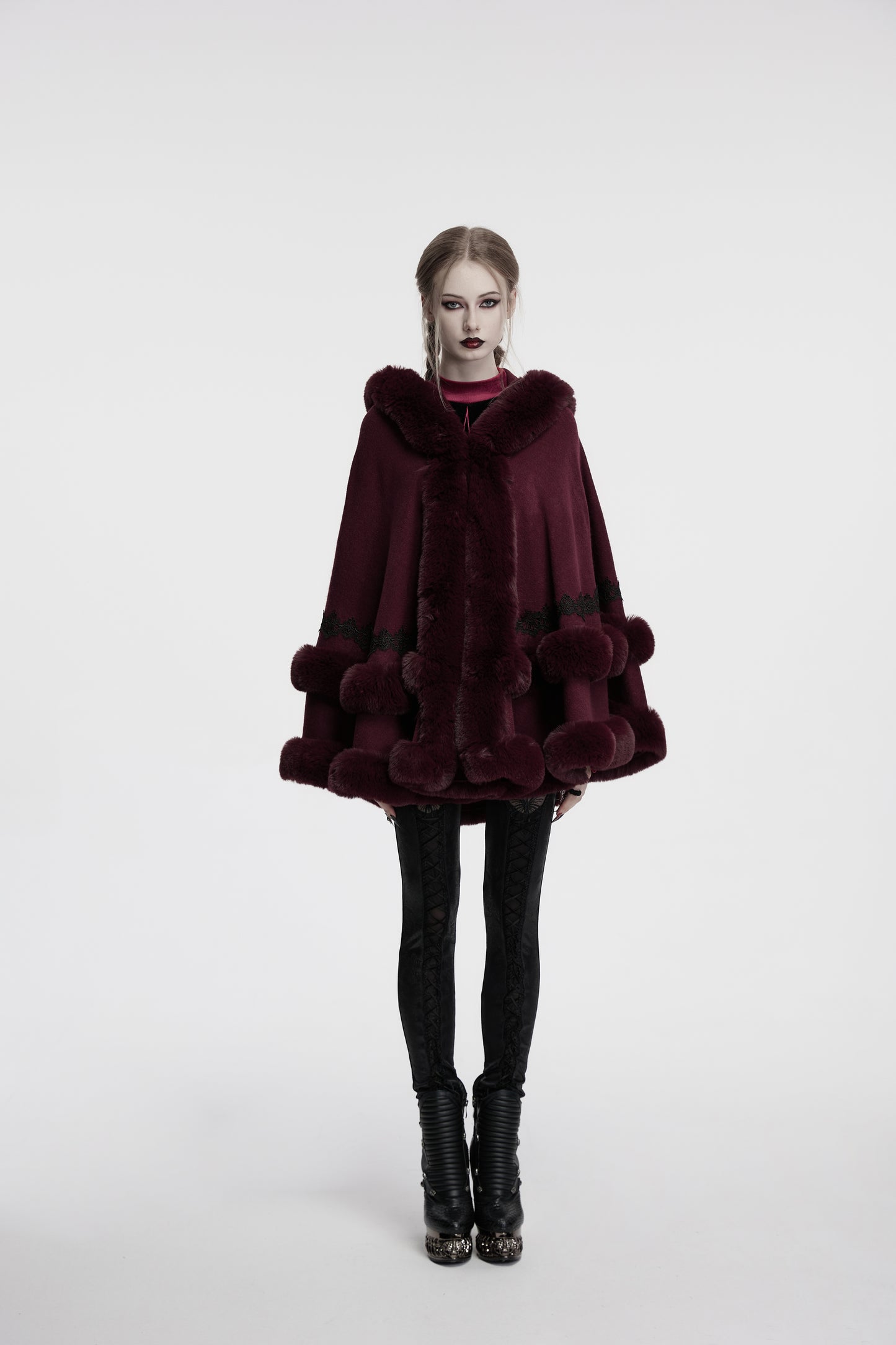 Punk Rave Isolde Faux Fur Trim Gothic Cloak Wine Red