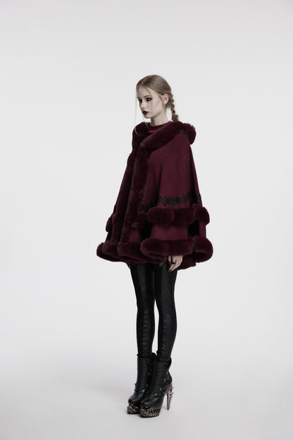 Punk Rave Isolde Faux Fur Trim Gothic Cloak Wine Red