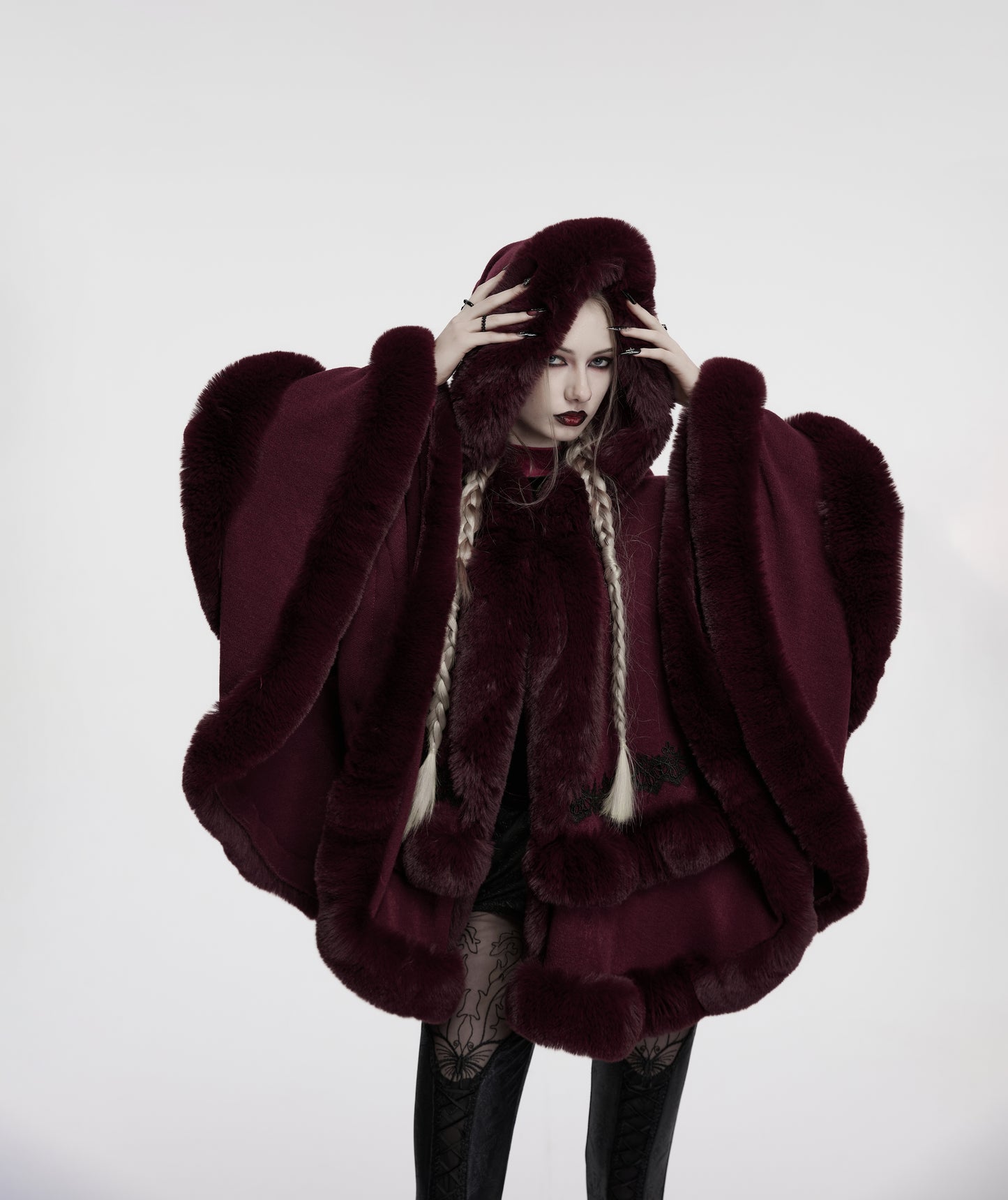Punk Rave Isolde Faux Fur Trim Gothic Cloak Wine Red