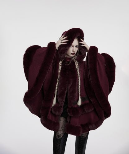 Punk Rave Isolde Faux Fur Trim Gothic Cloak Wine Red