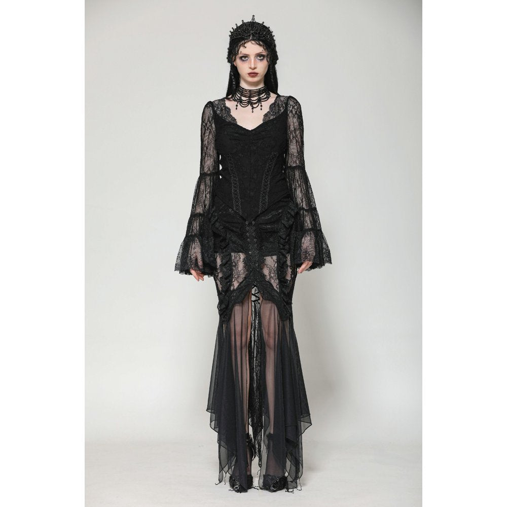 Dark in Love Zuri Gothic Romantic Lace Patchwork Bell-Sleeve Layered Cuff Top - Kate's Clothing