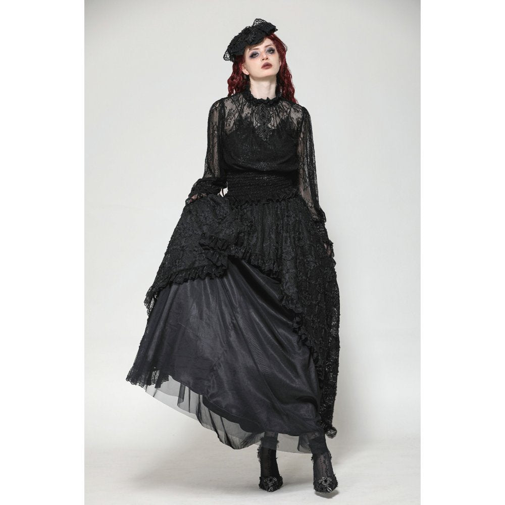 Dark in Love Aoife Black Hollow Lace Elastic Pleated Waist Eyelash Lace Cuff Top - Kate's Clothing