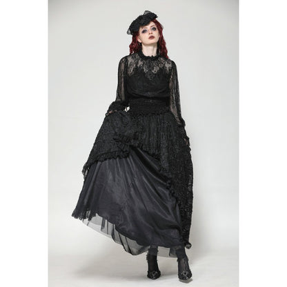 Dark in Love Aoife Black Hollow Lace Elastic Pleated Waist Eyelash Lace Cuff Top - Kate's Clothing