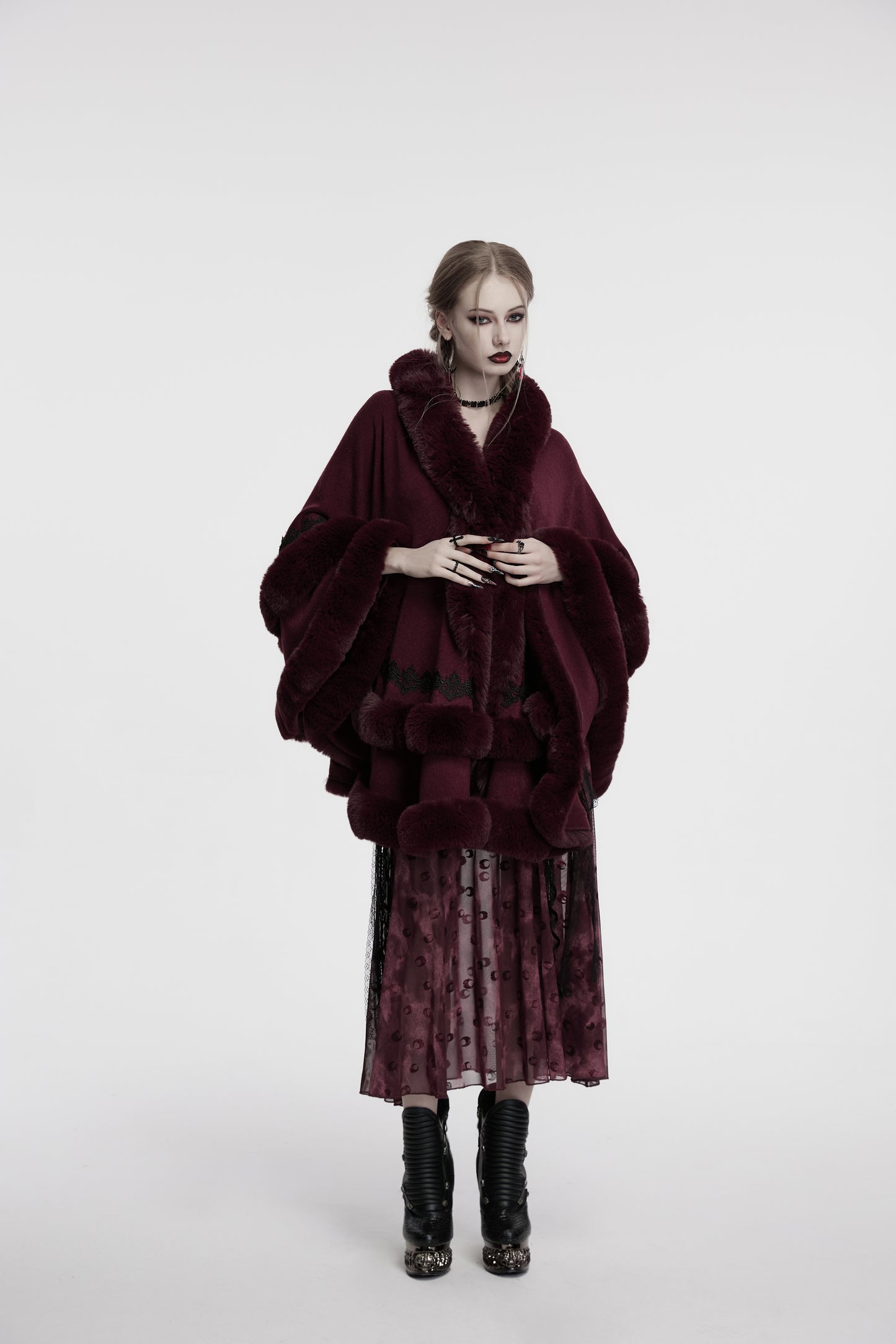 Punk Rave Isolde Faux Fur Trim Gothic Cloak Wine Red