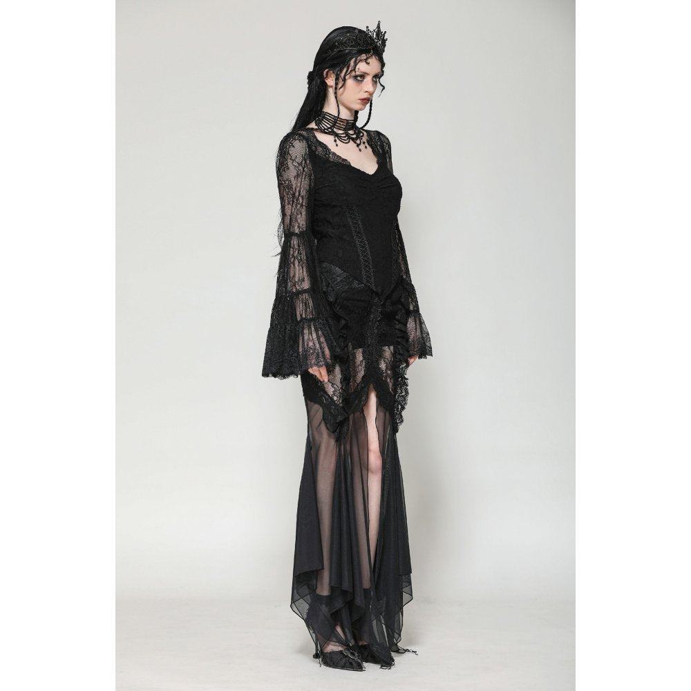Dark in Love Zuri Gothic Romantic Lace Patchwork Bell-Sleeve Layered Cuff Top - Kate's Clothing