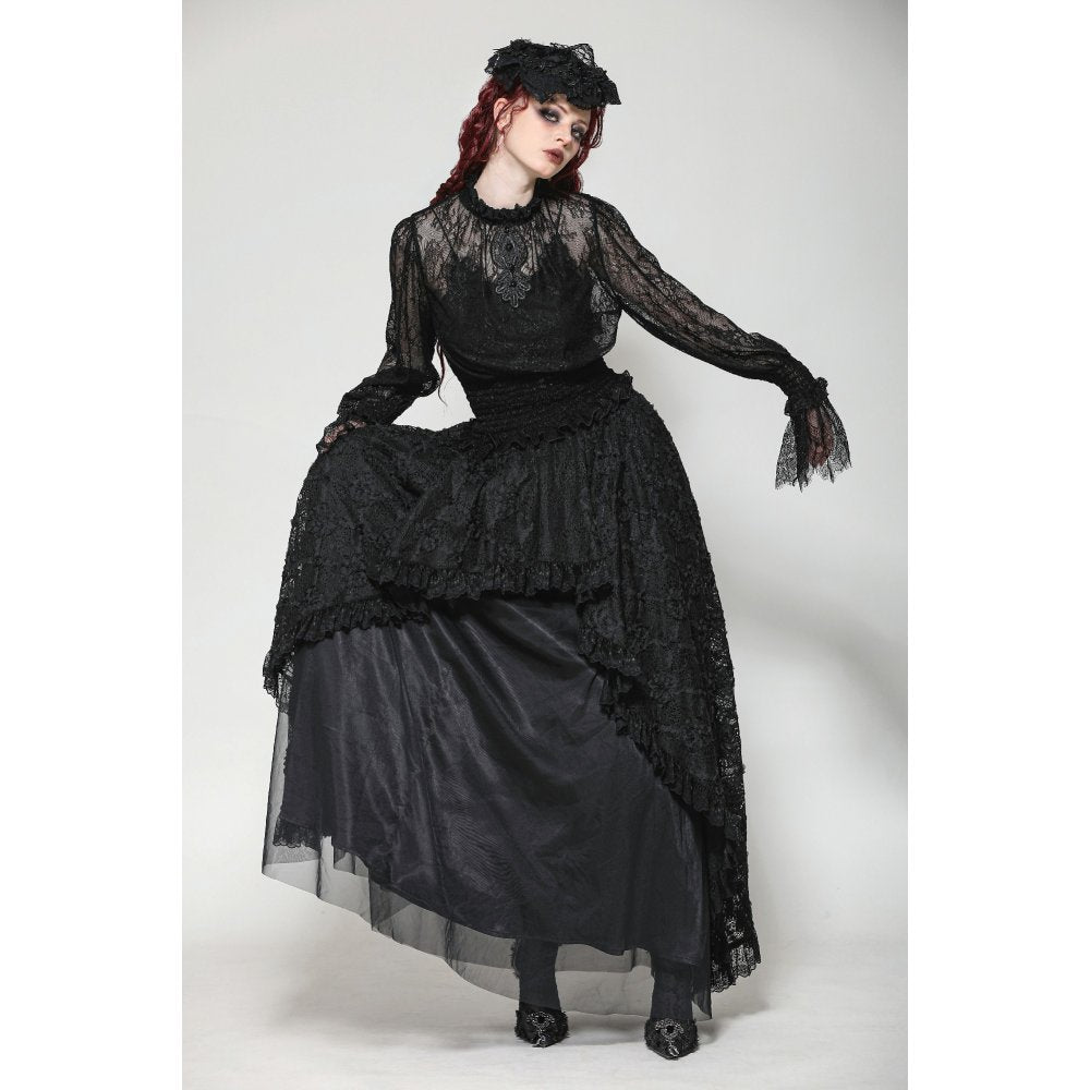 Dark in Love Aoife Black Hollow Lace Elastic Pleated Waist Eyelash Lace Cuff Top - Kate's Clothing