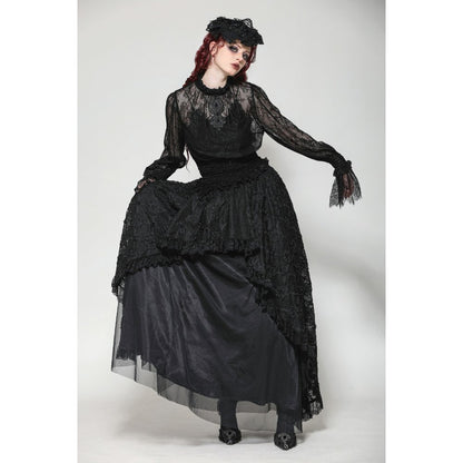 Dark in Love Aoife Black Hollow Lace Elastic Pleated Waist Eyelash Lace Cuff Top - Kate's Clothing