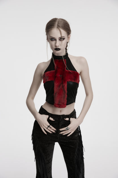 Punk Rave Valora Cross Fur Halter Top In Crimson