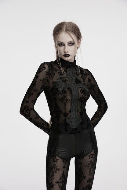 Punk Rave Morrigan Cross Embroidered Mesh Top
