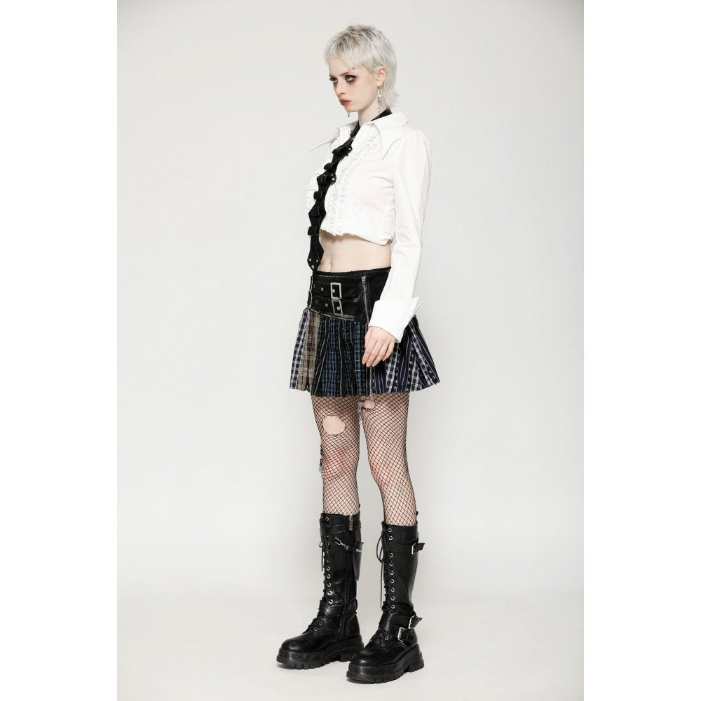 Dark in Love Sage Colorful Plaid Patchwork Leather-Waist Skirt