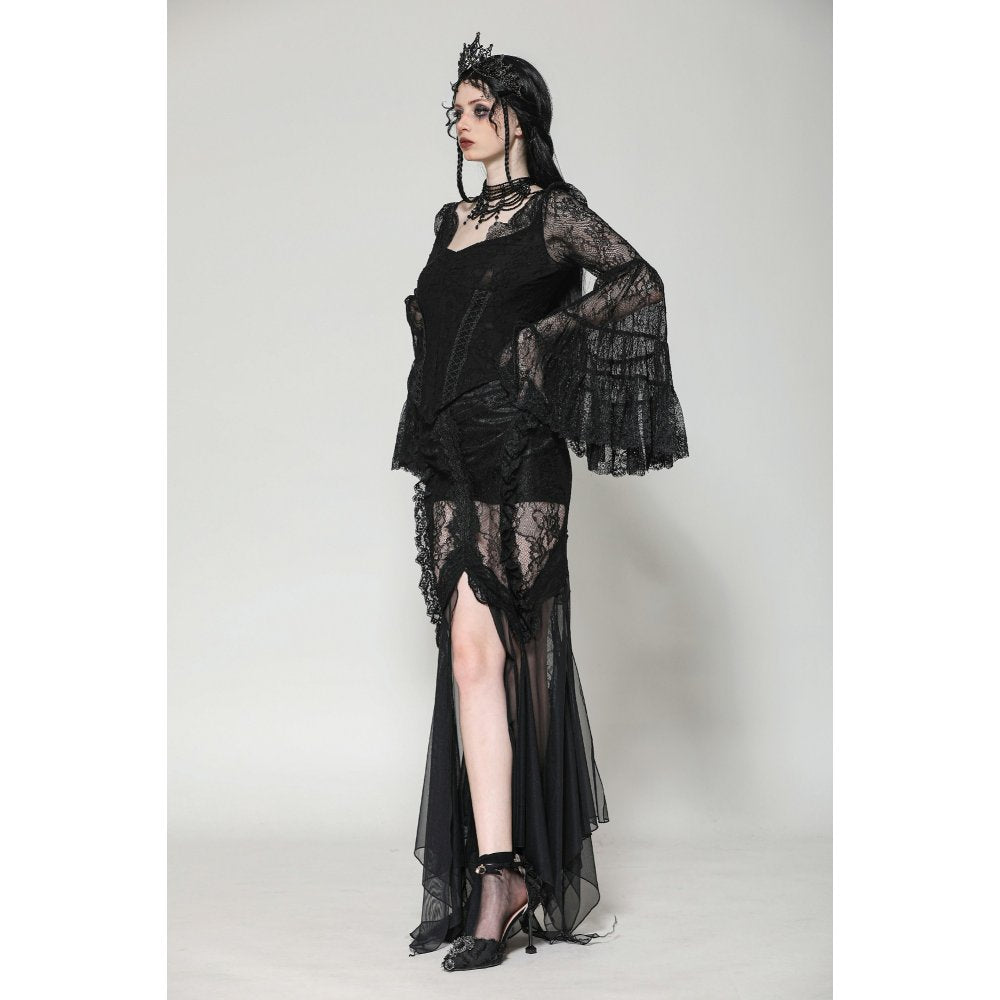 Dark in Love Zuri Gothic Romantic Lace Patchwork Bell-Sleeve Layered Cuff Top - Kate's Clothing