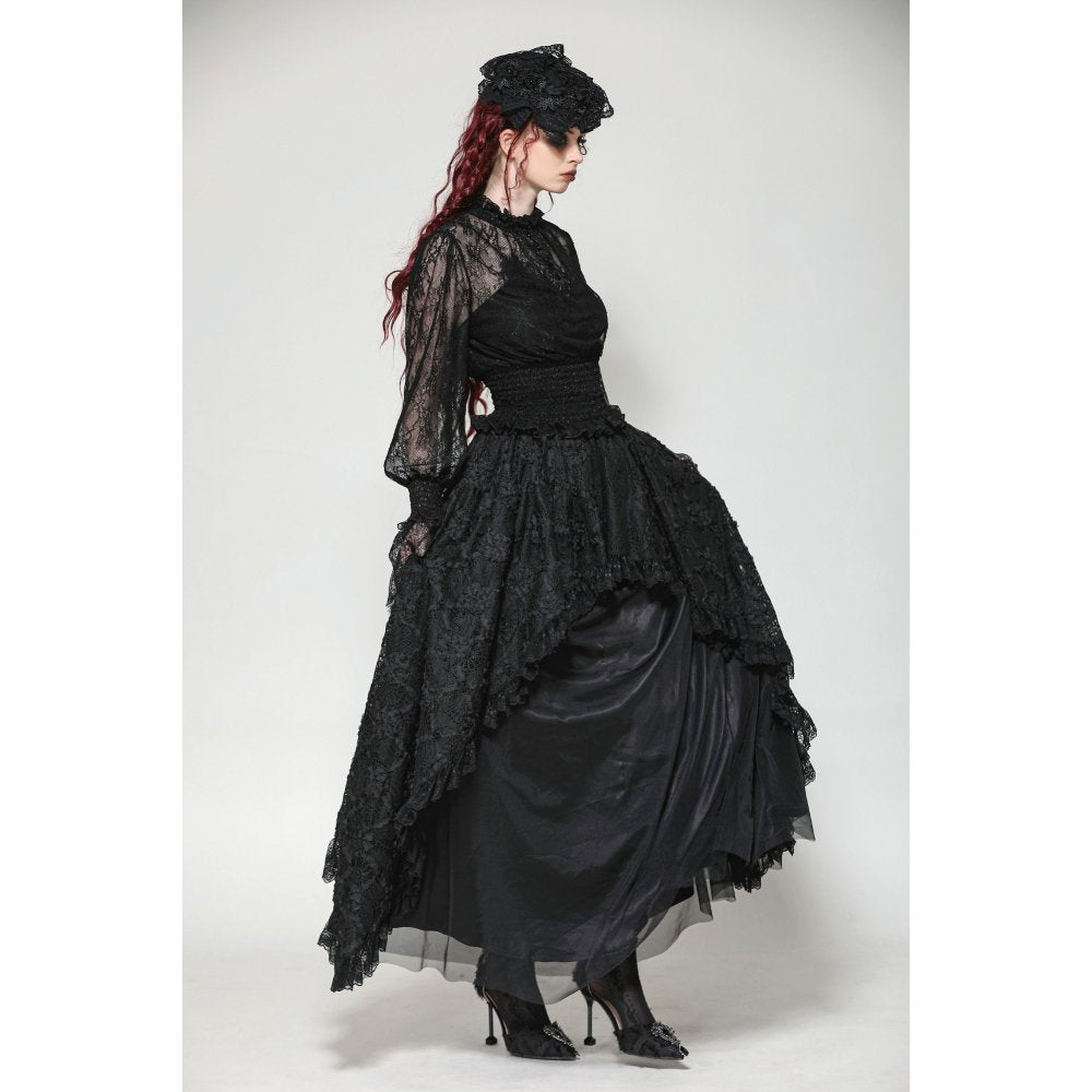 Dark in Love Aoife Black Hollow Lace Elastic Pleated Waist Eyelash Lace Cuff Top - Kate's Clothing