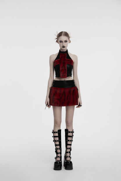 Punk Rave Valora Cross Fur Halter Top In Crimson