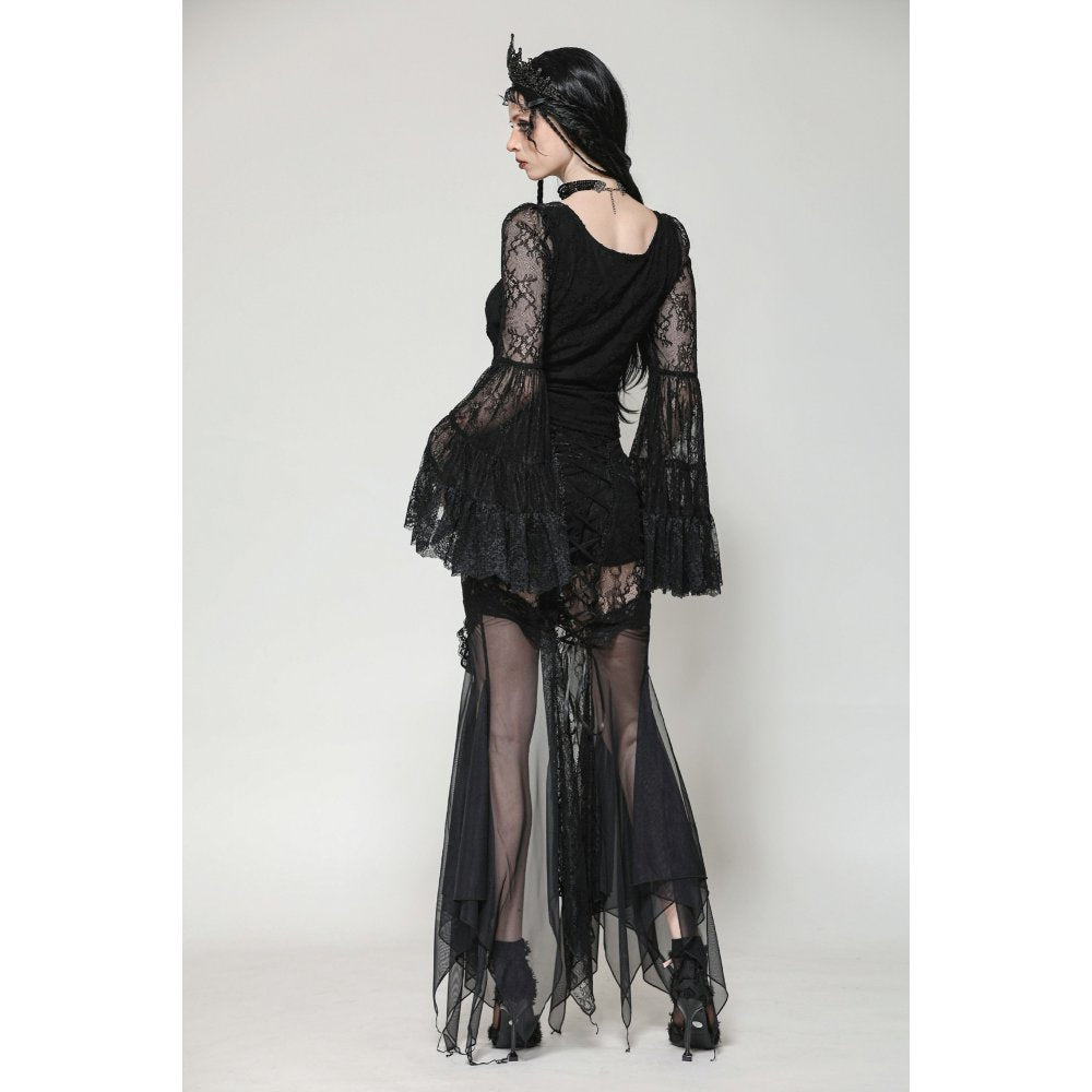 Dark in Love Zuri Gothic Romantic Lace Patchwork Bell-Sleeve Layered Cuff Top - Kate's Clothing