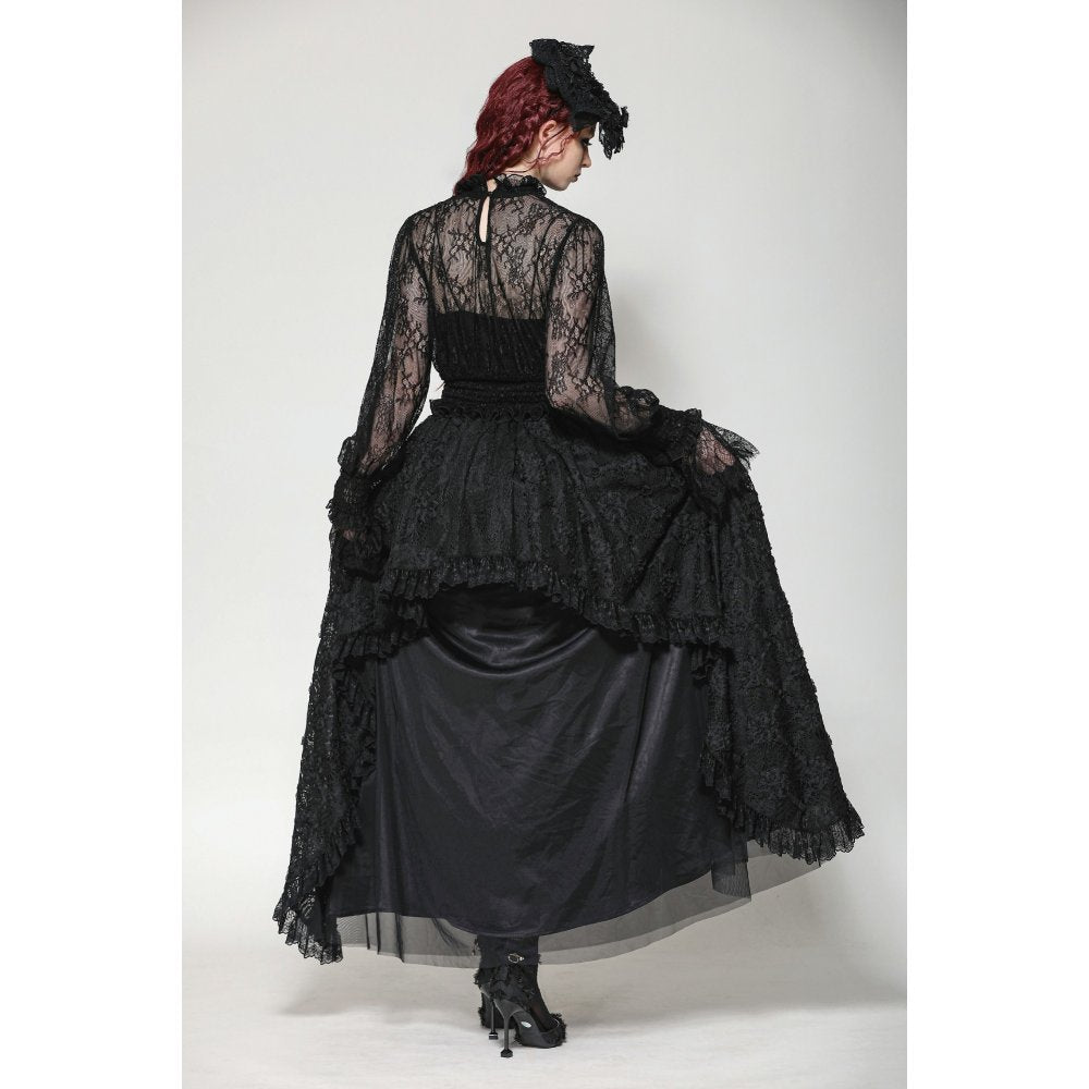 Dark in Love Aoife Black Hollow Lace Elastic Pleated Waist Eyelash Lace Cuff Top - Kate's Clothing