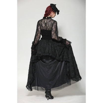 Dark in Love Aoife Black Hollow Lace Elastic Pleated Waist Eyelash Lace Cuff Top - Kate's Clothing