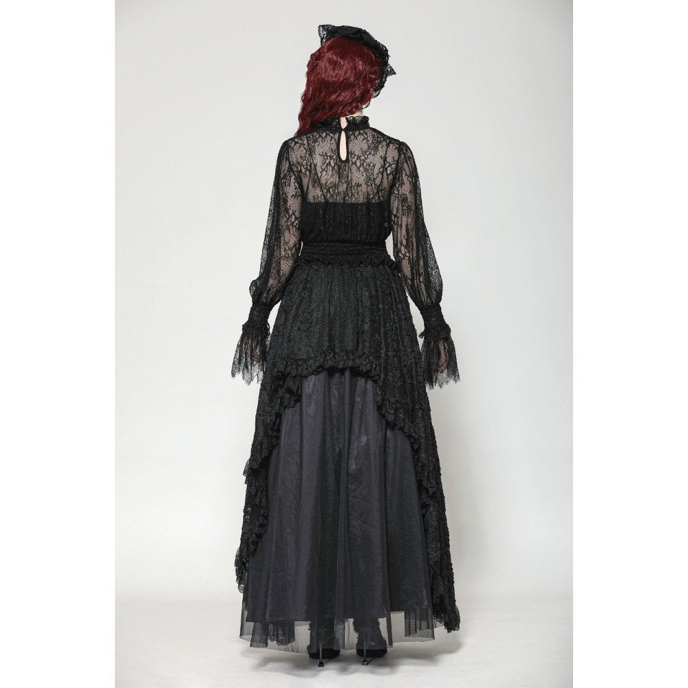 Dark in Love Aoife Black Hollow Lace Elastic Pleated Waist Eyelash Lace Cuff Top - Kate's Clothing