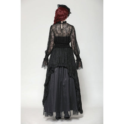 Dark in Love Aoife Black Hollow Lace Elastic Pleated Waist Eyelash Lace Cuff Top - Kate's Clothing