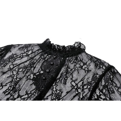 Dark in Love Aoife Black Hollow Lace Elastic Pleated Waist Eyelash Lace Cuff Top - Kate's Clothing