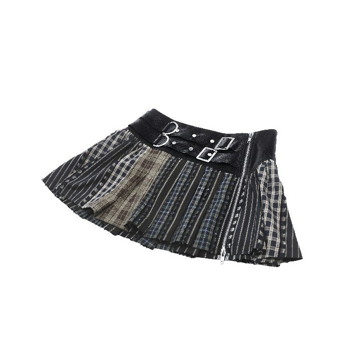 Dark in Love Sage Colorful Plaid Patchwork Leather-Waist Skirt