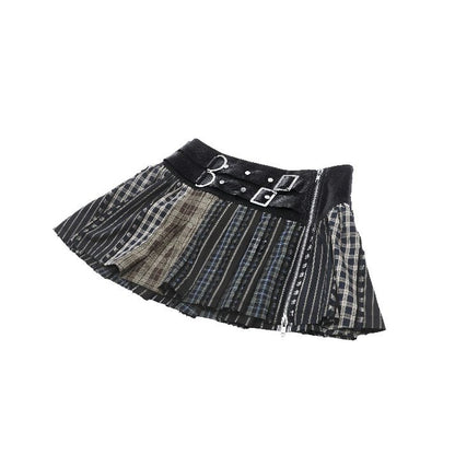Dark in Love Sage Colorful Plaid Patchwork Leather-Waist Skirt