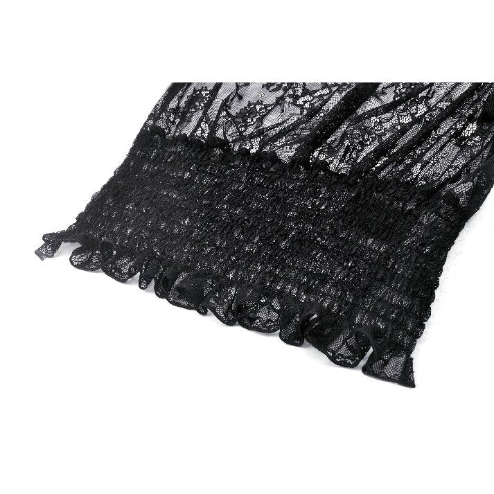 Dark in Love Aoife Black Hollow Lace Elastic Pleated Waist Eyelash Lace Cuff Top - Kate's Clothing