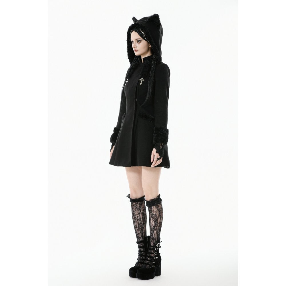 Dark in Love Cat-Ear Faux Fur Trim Gothic Coat