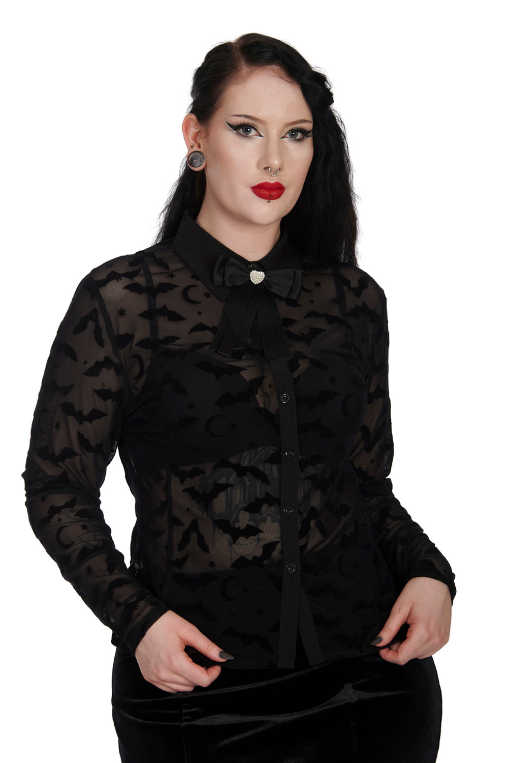 Banned Strangers Paradise Sheer Blouse with Bats, Stars and Moons Flocking - Kate's Clothing