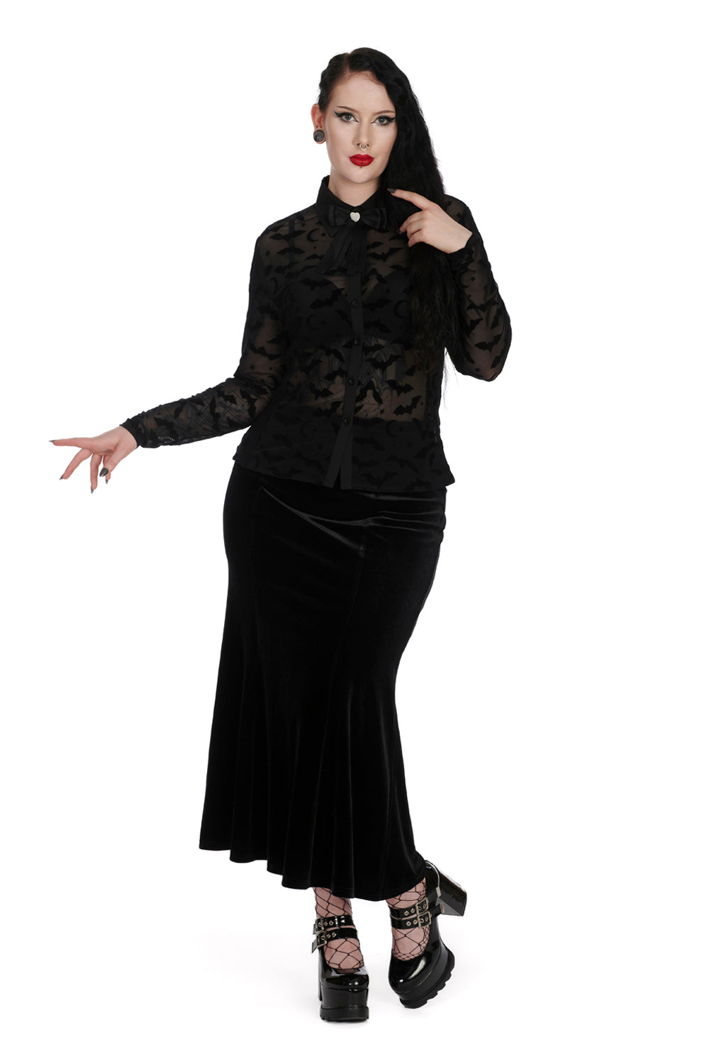 Banned Strangers Paradise Sheer Blouse with Bats, Stars and Moons Flocking - Kate's Clothing