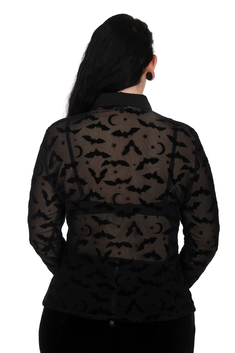 Banned Strangers Paradise Sheer Blouse with Bats, Stars and Moons Flocking - Kate's Clothing