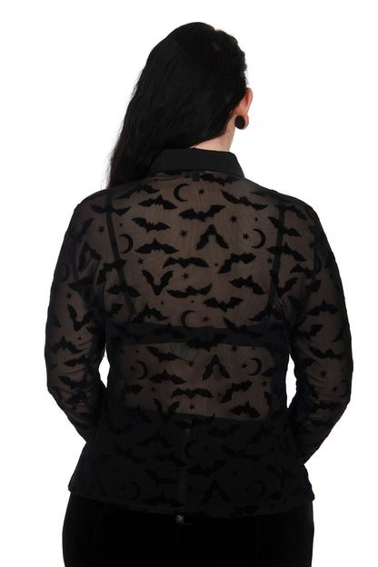 Banned Strangers Paradise Sheer Blouse with Bats, Stars and Moons Flocking - Kate's Clothing