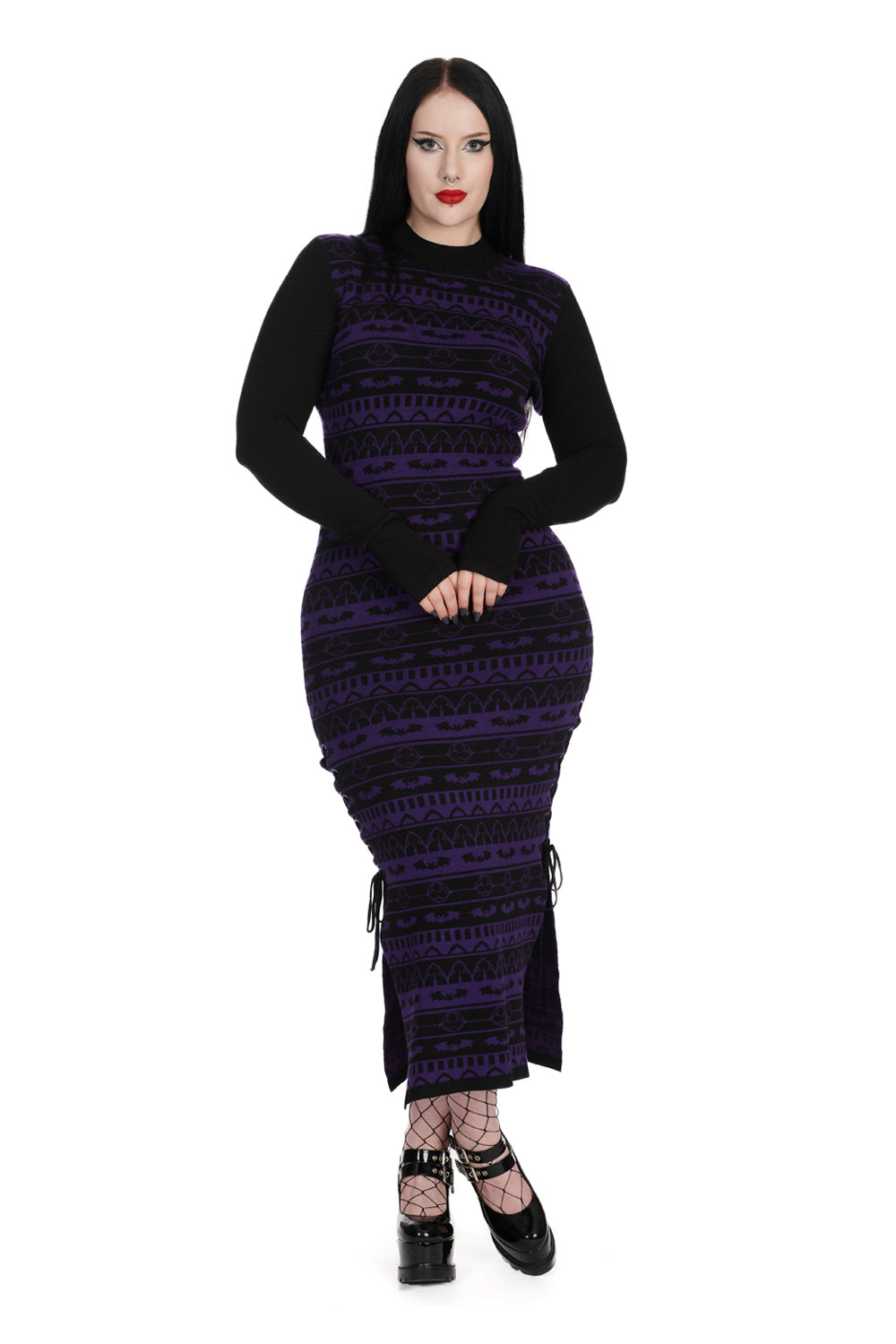 Banned Bat Bone Black and Purple Stripe Knitted Dress - Kate's Clothing
