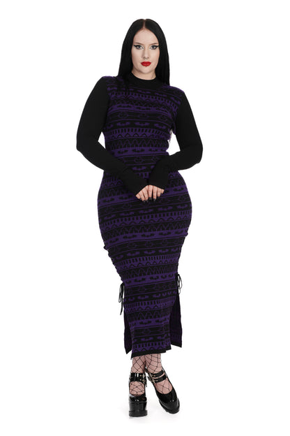 Banned Bat Bone Black and Purple Stripe Knitted Dress - Kate's Clothing
