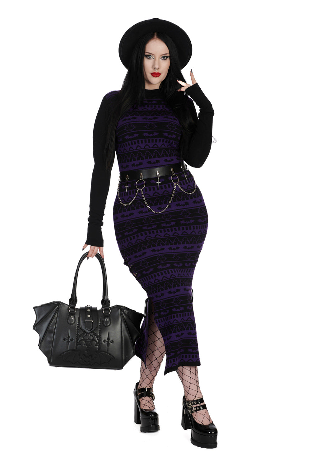 Banned Bat Bone Black and Purple Stripe Knitted Dress - Kate's Clothing