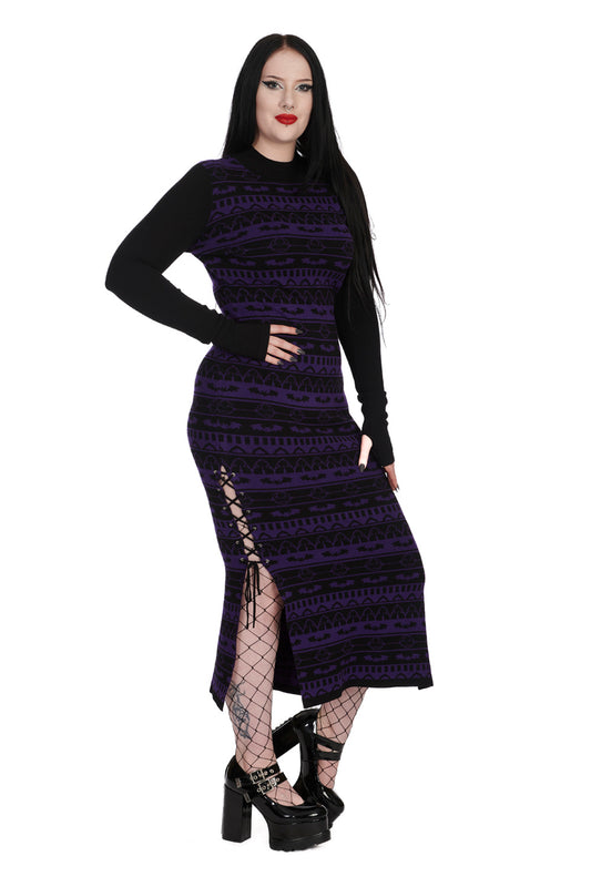 Banned Bat Bone Black and Purple Stripe Knitted Dress - Kate's Clothing