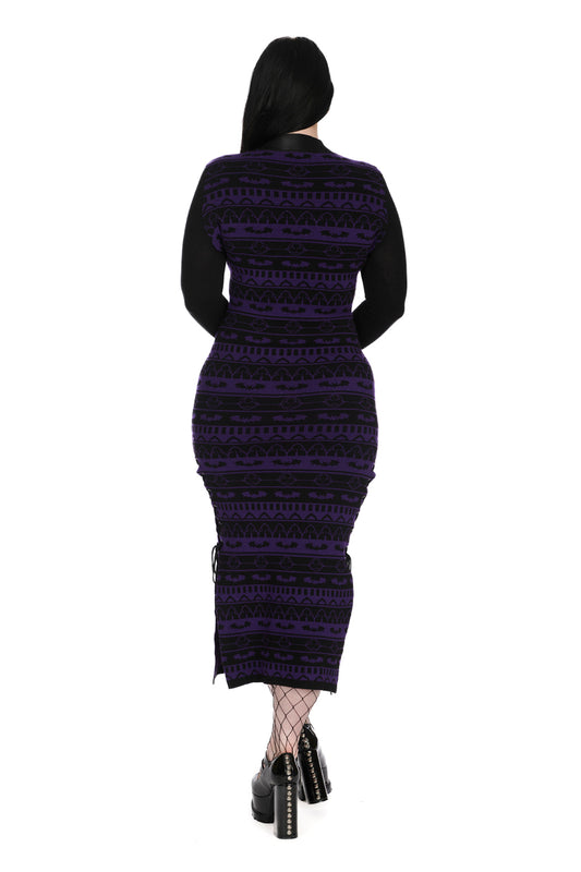Banned Bat Bone Black and Purple Stripe Knitted Dress - Kate's Clothing
