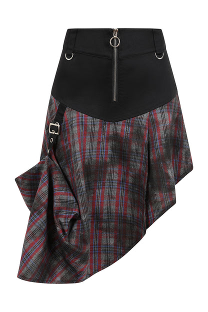 Banned Apparel Morrigan Goth Asymmetric Tartan Skirt in Red