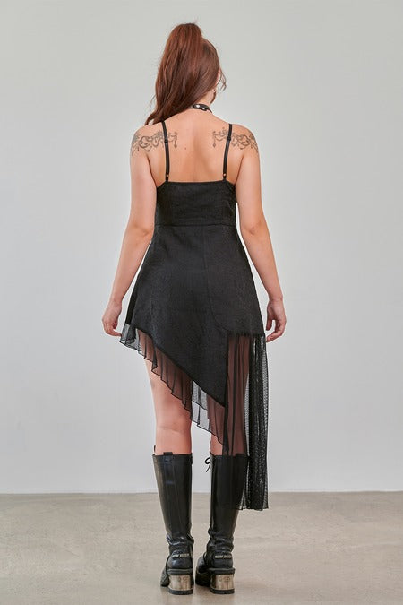 Gothic asymmetric dress with mesh hem and adjustable straps, showcasing a unique silhouette from Banned Apparel.
