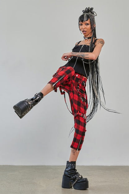 Banned Alternative Nocturne Buckle Trousers Red Tartan