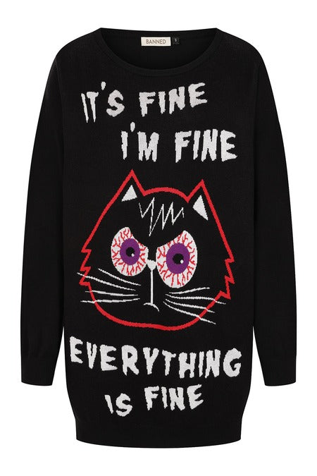 Gothic Jumper Dress featuring a cartoon cat graphic and distressed slogan text in black oversized knit.